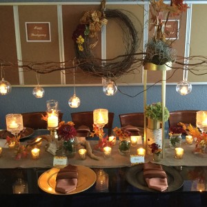 1 Autumn Thanksgiving table with hanging glass orb and curly willow gold votives