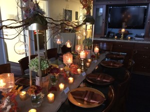 2 Autumn Thanksgiving table with hanging glass orb curly willow wreath gold votives 2015