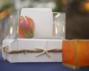 Whitewashed wood box with single candle and Pincushion Protea, beachside
