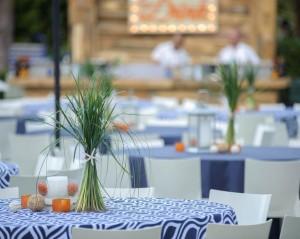Casual, open and airy. Navy Blue and White with POPS of Orange colored the event.