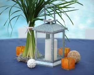 Galvanized Steel Hurricane Lantern and Capiz Trio with Seashells